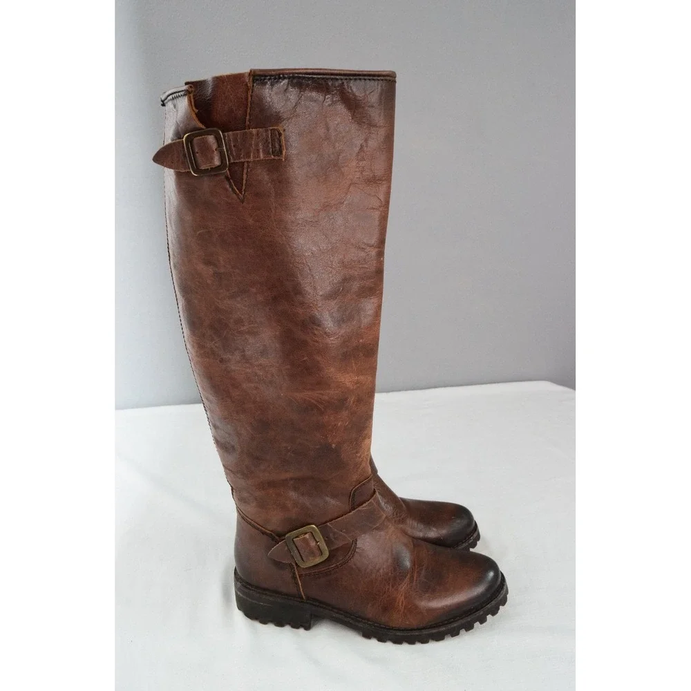 Freebird Bettle Leather Knee High Boots 6 Battle Brown Riding Motorcycle